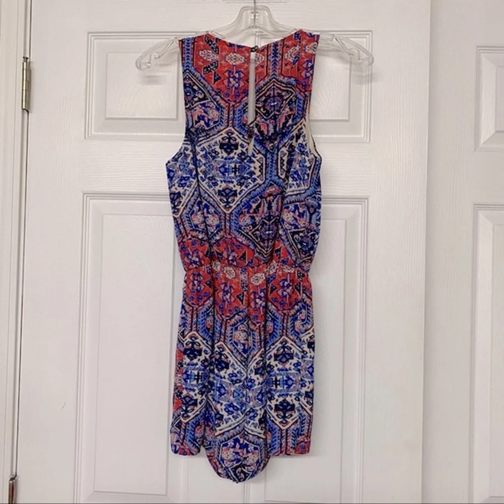 Everly Southwest Print Lace Up Front Navy Blue Romper Shorts Sz S